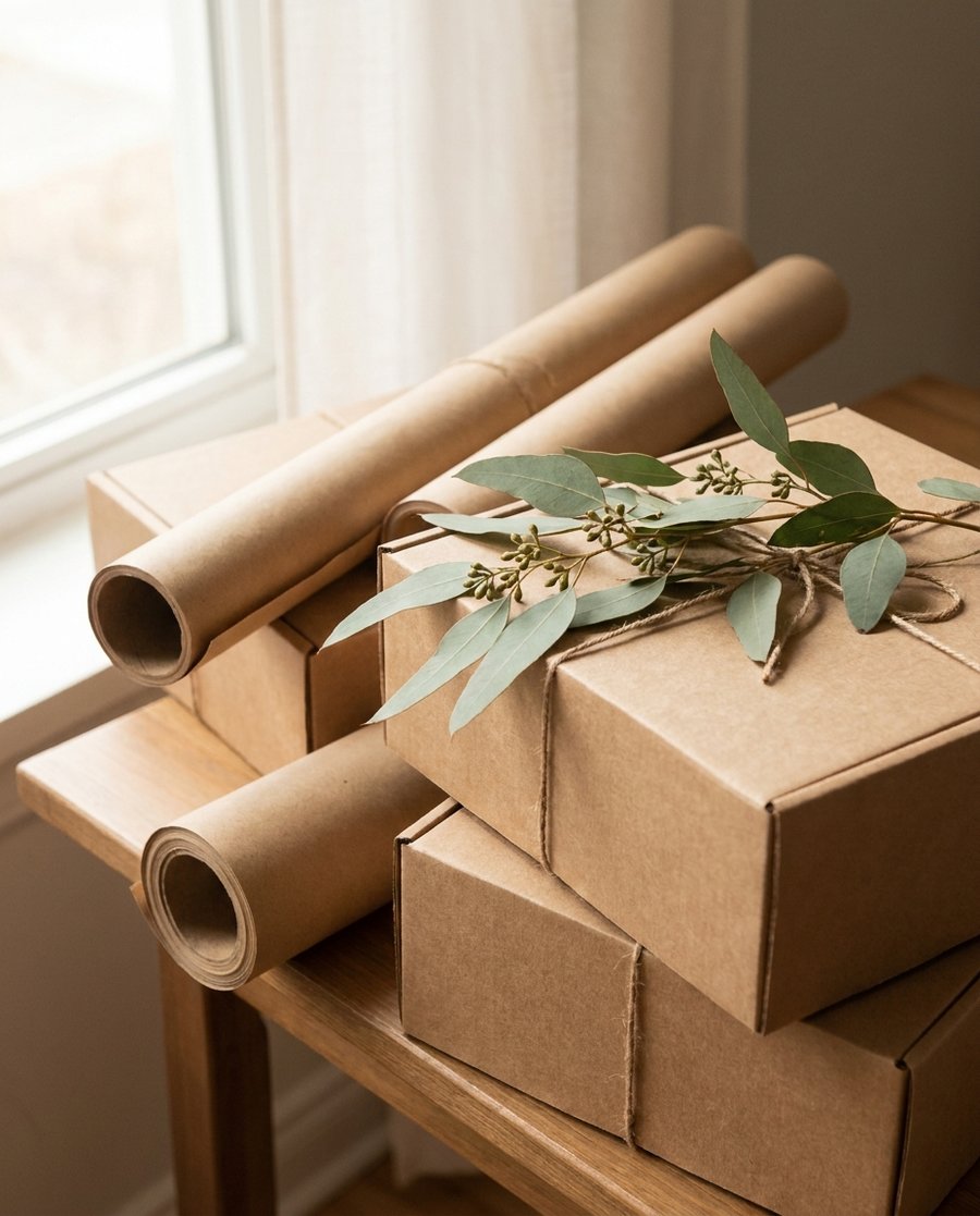 Recyclable kraft boxes and paper rolls with fresh eucalyptus leaves in warm light